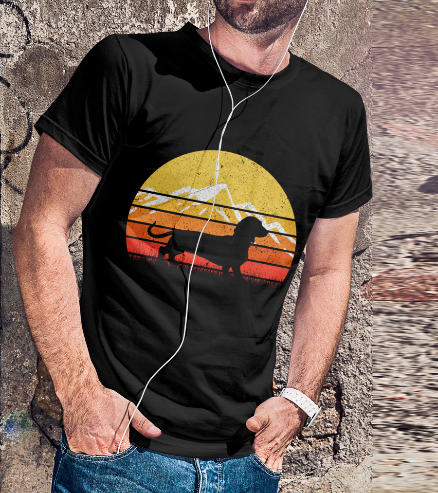 Retro Vintage Dachshund Dog Silhouette Sunset Mountains T-Shirt