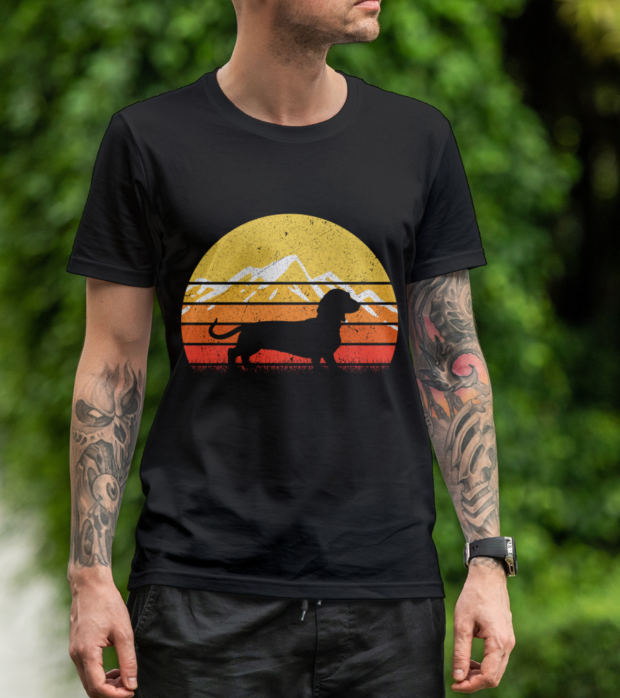 Retro Vintage Dachshund Dog Silhouette Sunset Mountains T-Shirt