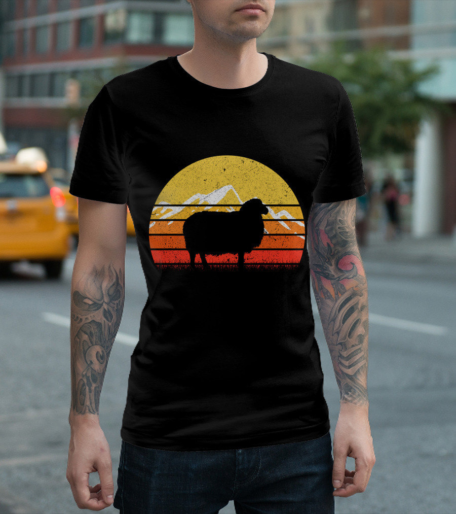 Retro Vintage Sheep Sunset with Mountains T-Shirt