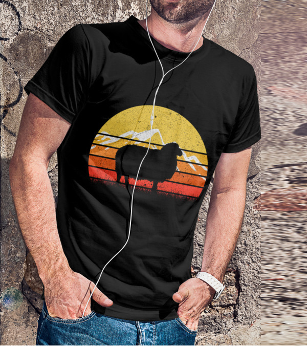 Retro Vintage Sheep Sunset With Mountains T-Shirt