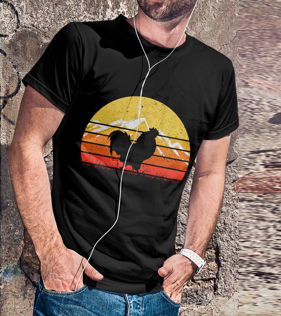 Retro Vintage Chicken Silhouette Sunset With Mountain Background T-Shirt