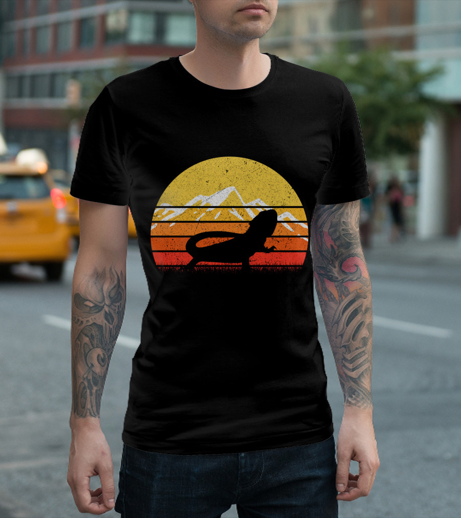 Retro Vintage Bearded Dragon Sunset Silhouette Mountain Stripe T-Shirt