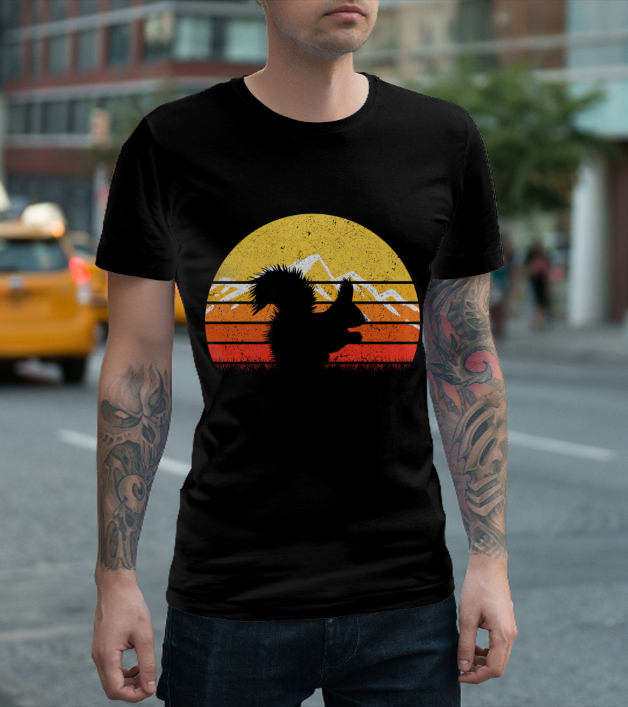 Retro Vintage Squirrel Sunset Silhouette with Mountains T-Shirt