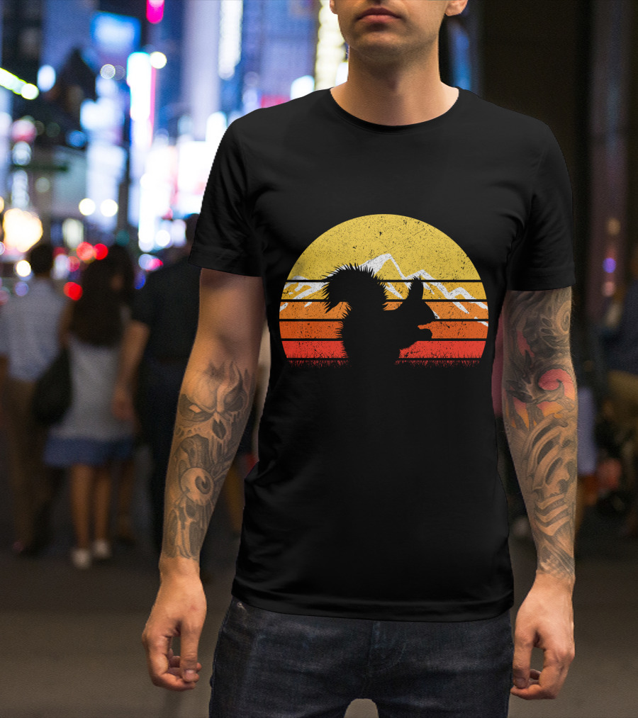 Retro Vintage Squirrel Sunset Silhouette With Mountains T-Shirt