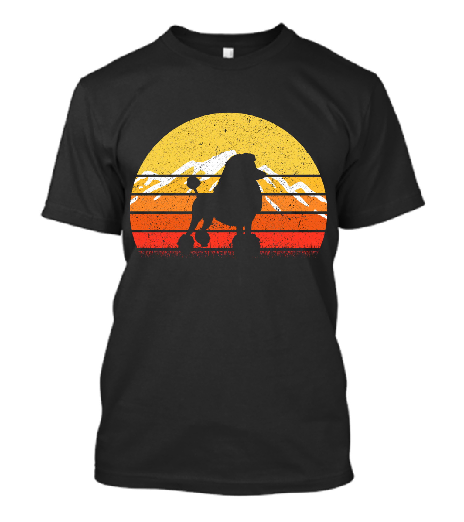 Retro Vintage Poodle Dog Sunset Silhouette With Mountains And Stripes T-Shirt