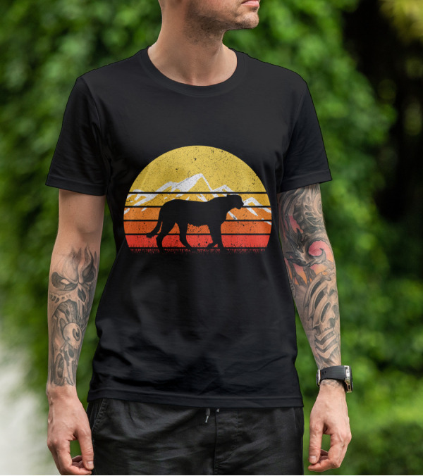 Retro Vintage Cheetah Silhouette In Sunset With Mountains T-Shirt