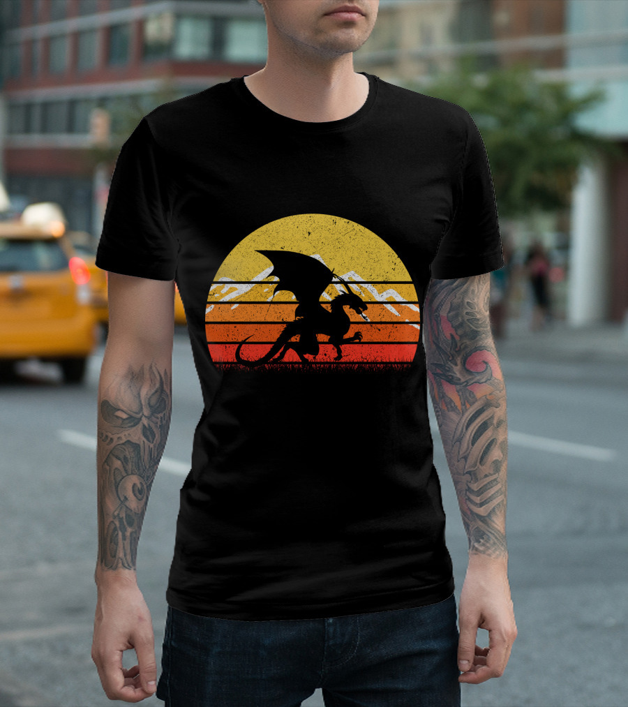 Retro Vintage Dragon With Silhouette And Sunset Mountains T-Shirt