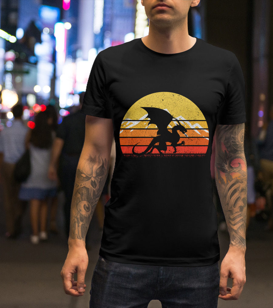 Retro Vintage Dragon With Silhouette And Sunset Mountains T-Shirt
