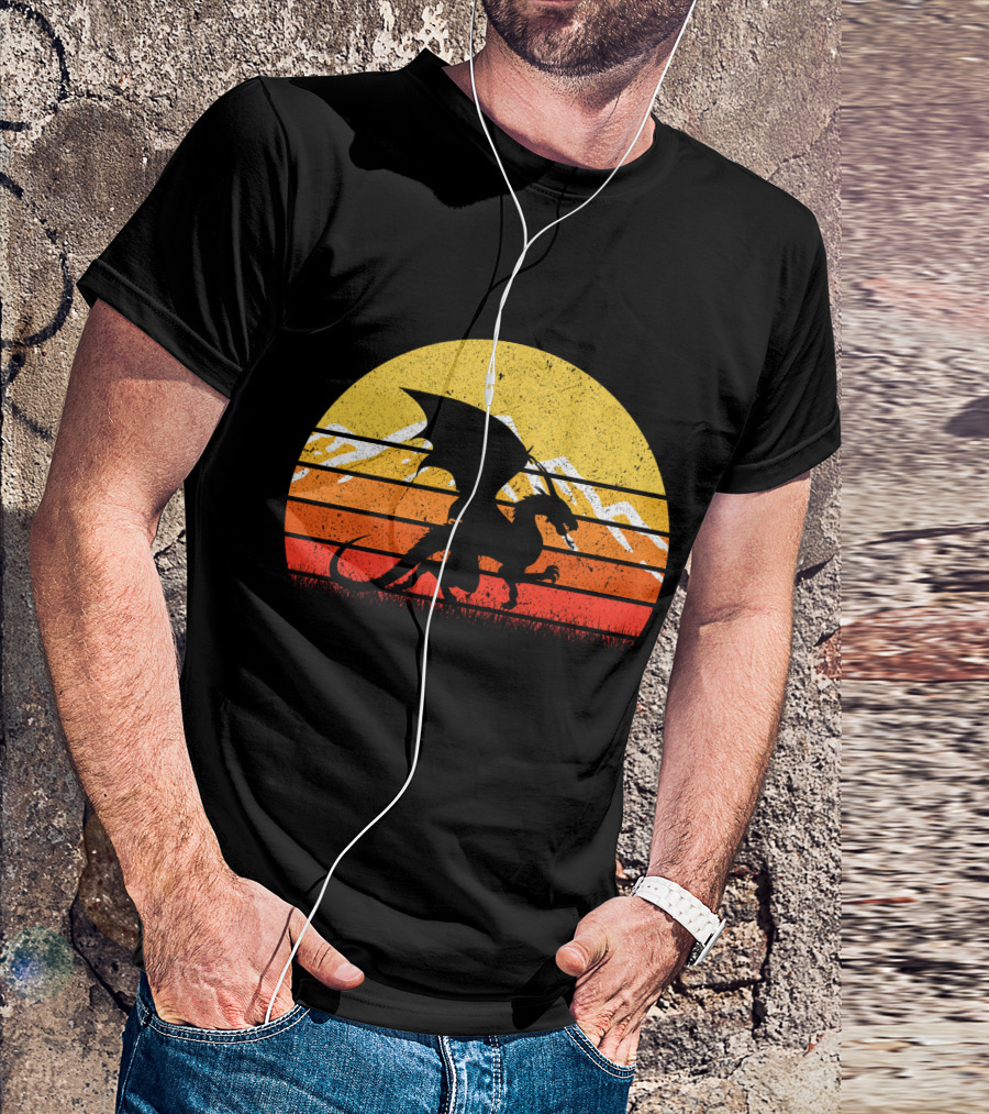 Retro Vintage Dragon With Silhouette And Sunset Mountains T-Shirt