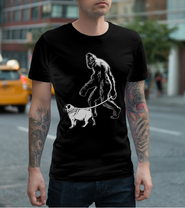Bigfoot Walking A Pug Dog T-Shirt