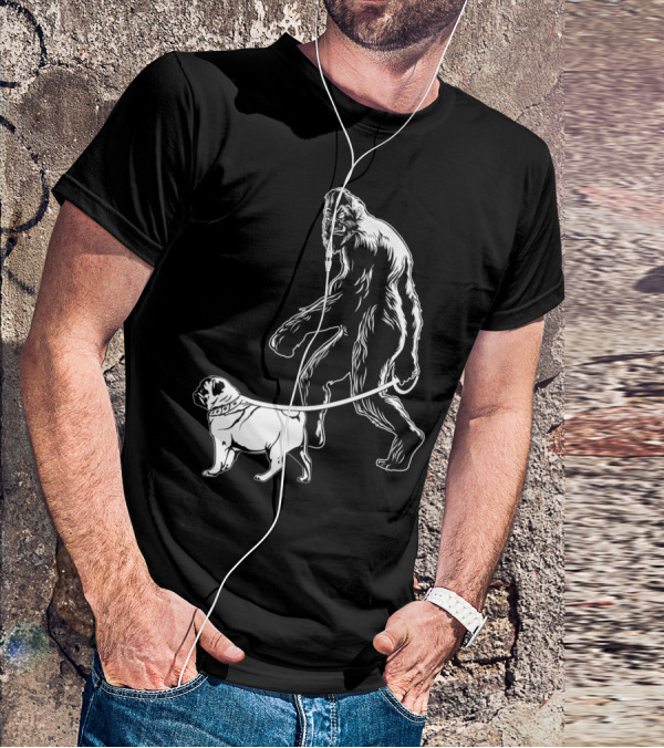 Bigfoot Walking A Pug Dog T-Shirt