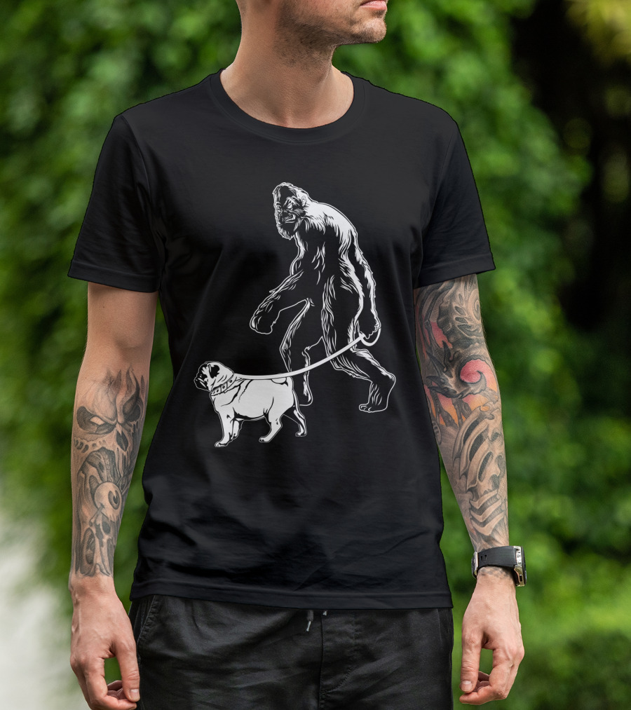Bigfoot Walking A Pug Dog T-Shirt