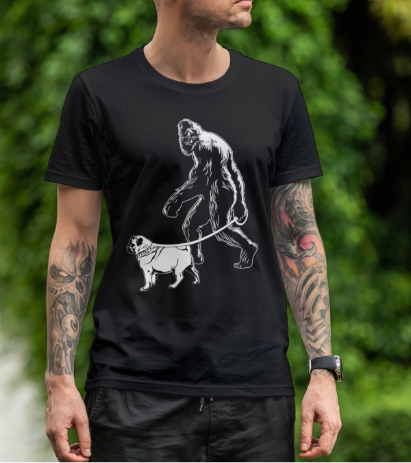Bigfoot Walking A Pug Dog T-Shirt