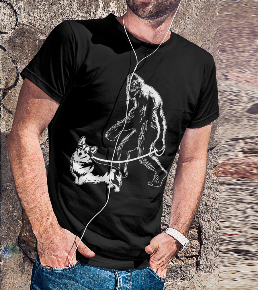 Bigfoot Walking Corgi Dog T-Shirt