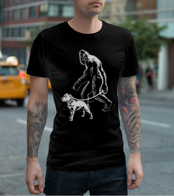 Bigfoot Walking Pitbull T-Shirt