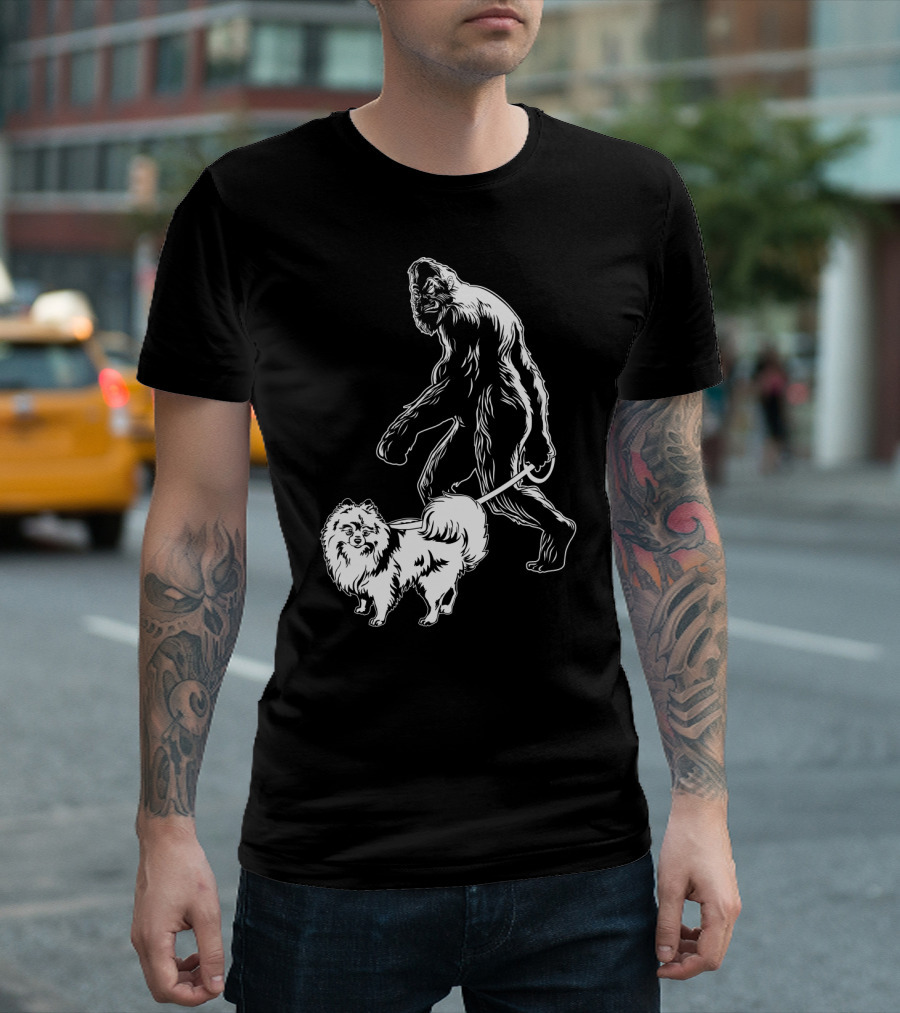 Bigfoot Walking Pomeranian Dog T-Shirt
