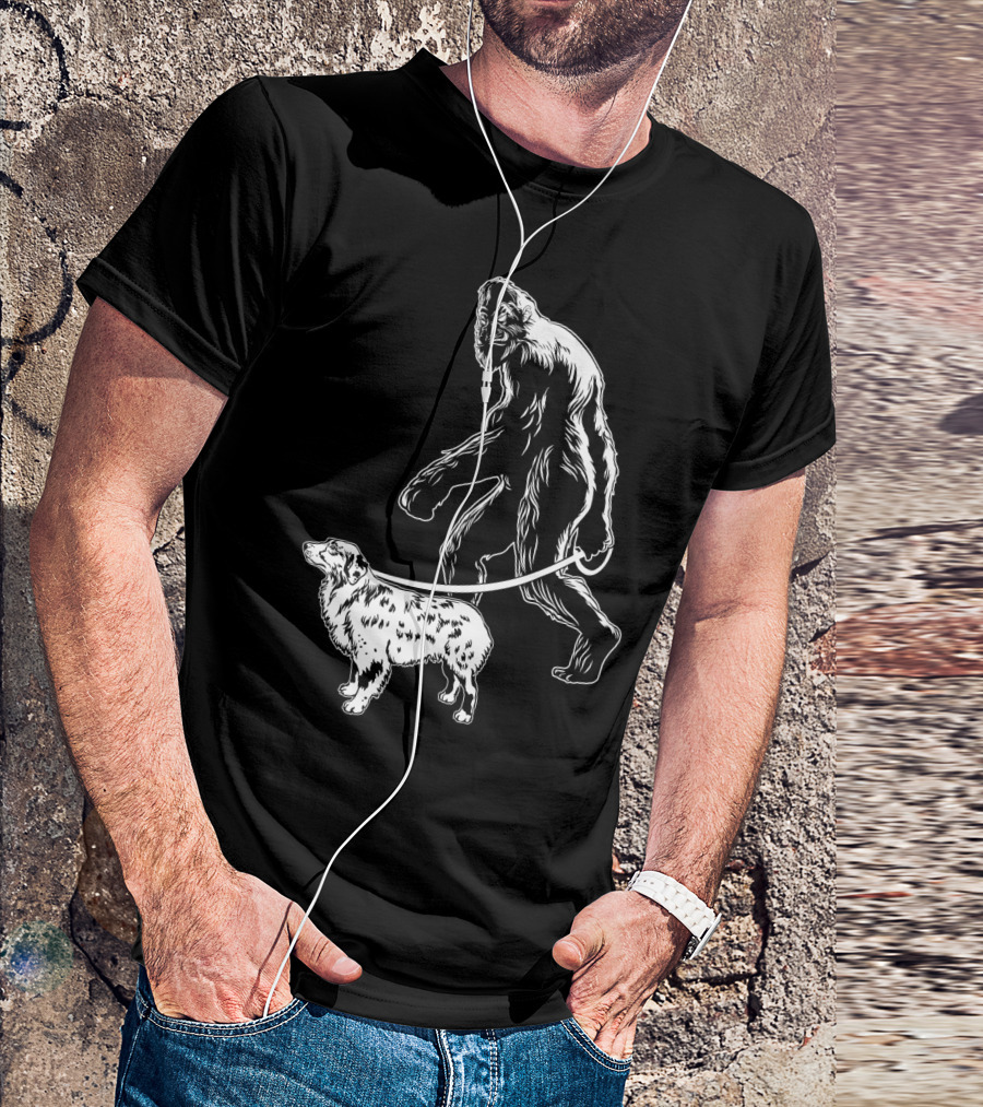Bigfoot Walking Australian Shepherd Dog T-Shirt