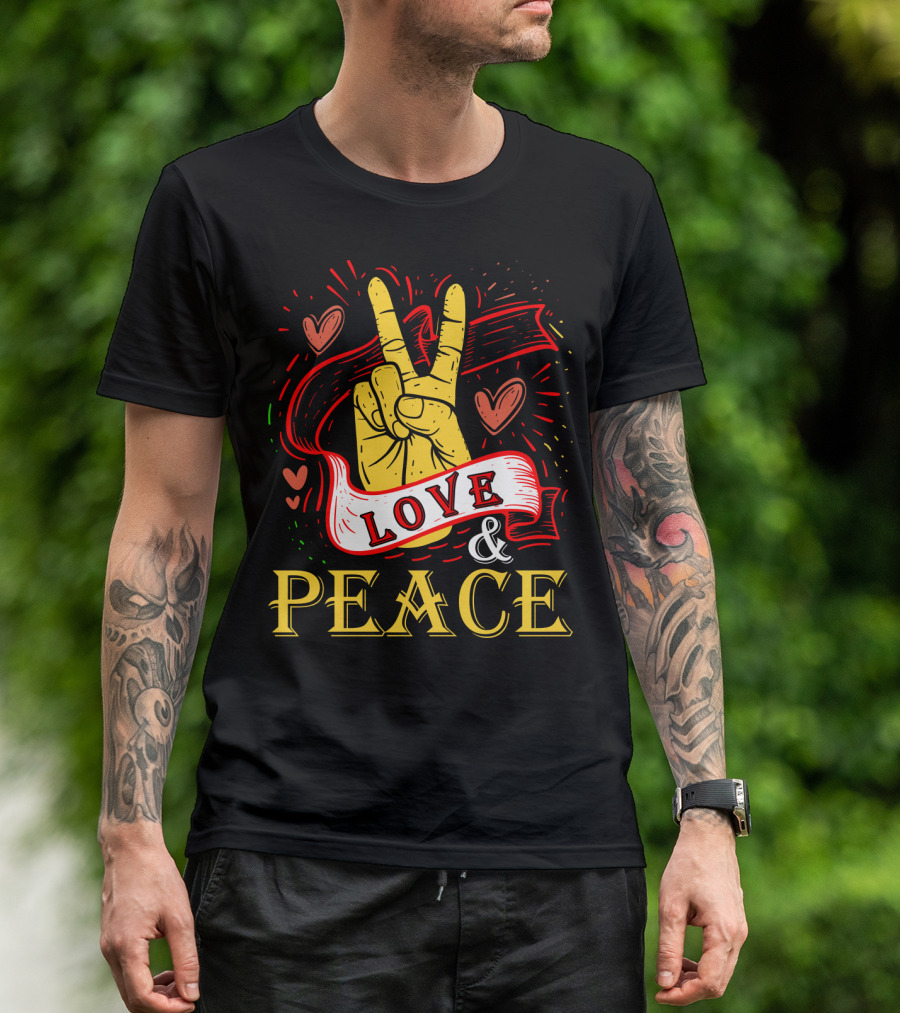 LOVE And PEACE Hand Gesture With Hearts And Banner T-Shirt