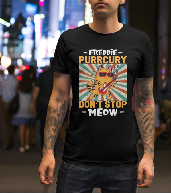 Freddie Purrcury Don't Stop Meow Cat With Guitar Retro Music Vibes T-Shirt