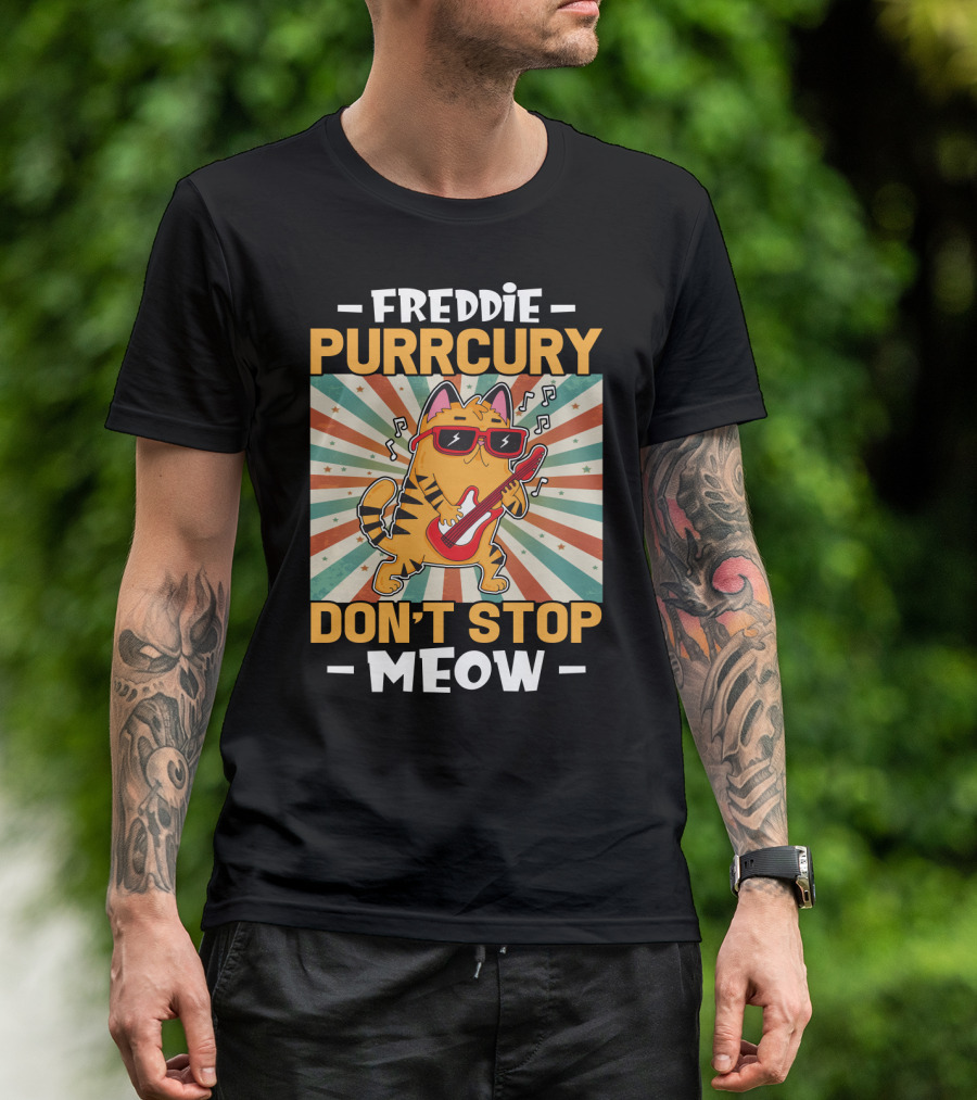 Freddie Purrcury Don't Stop Meow Cat With Guitar Retro Music Vibes T-Shirt