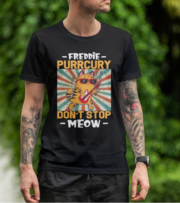 Freddie Purrcury Don't Stop Meow Cat With Guitar Retro Music Vibes T-Shirt
