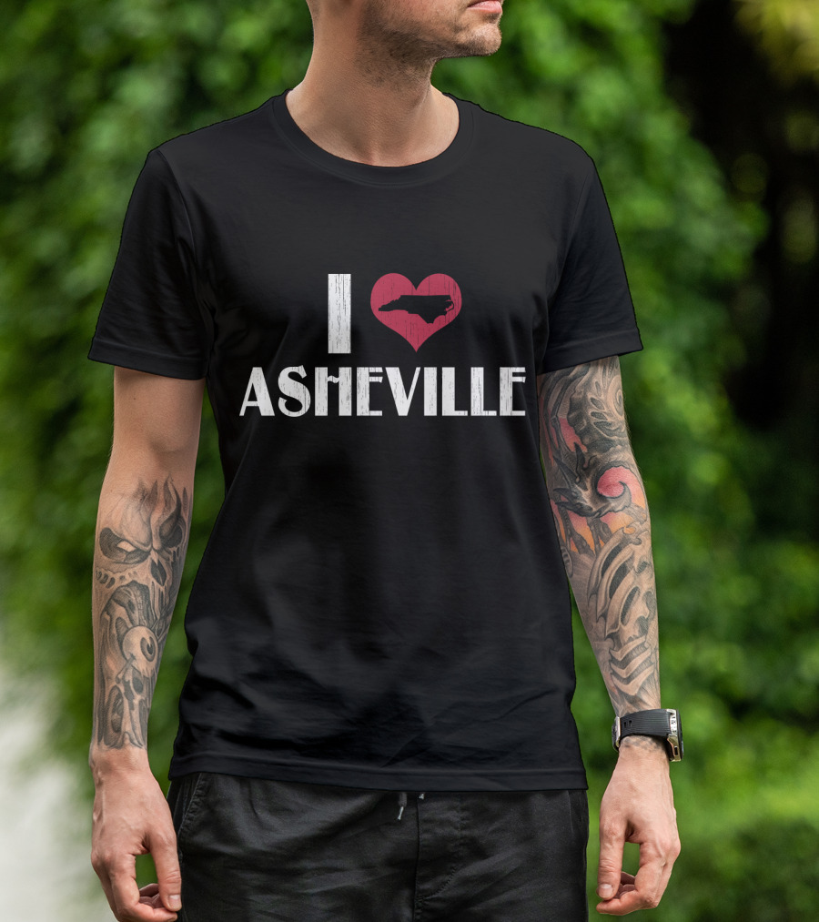 I Love Asheville NC Distressed Retro Style Heart Symbol With North Carolina Map T-Shirt
