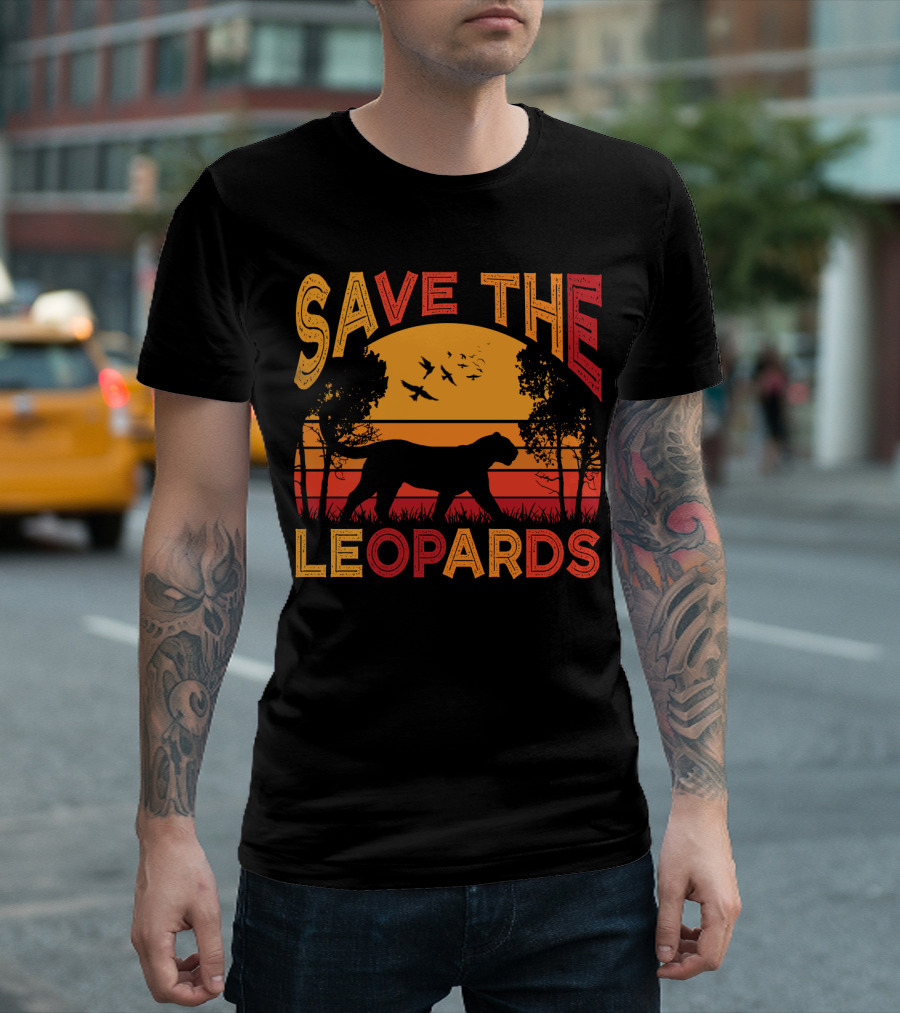 SAVE THE LEOPARDS Sunset Silhouette with Birds and Trees T-Shirt