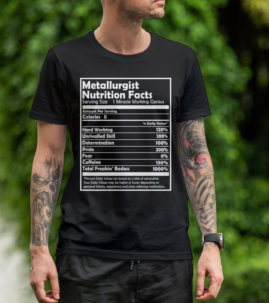 Metallurgist Nutrition Facts Miracle Working Genius 1000 Percent Freakin' Badass T-Shirt
