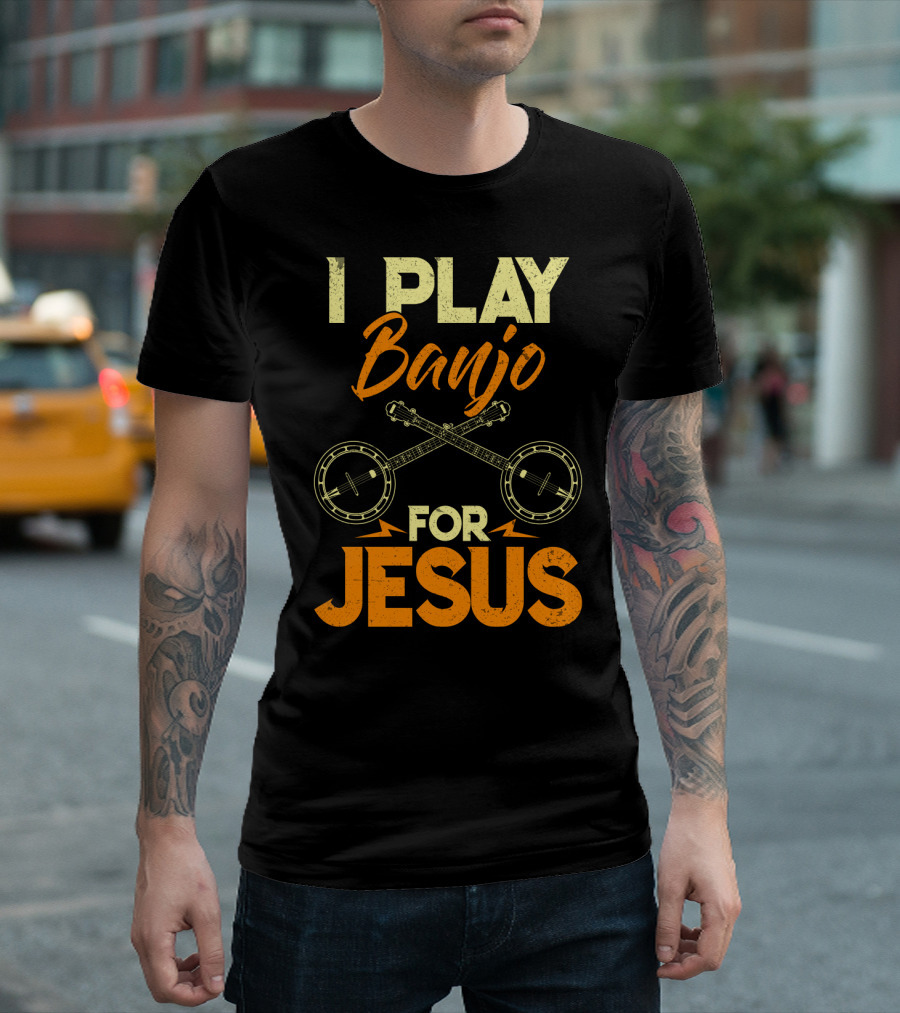 I Play Banjo for Jesus with Crossed Banjos in Orange T-Shirt