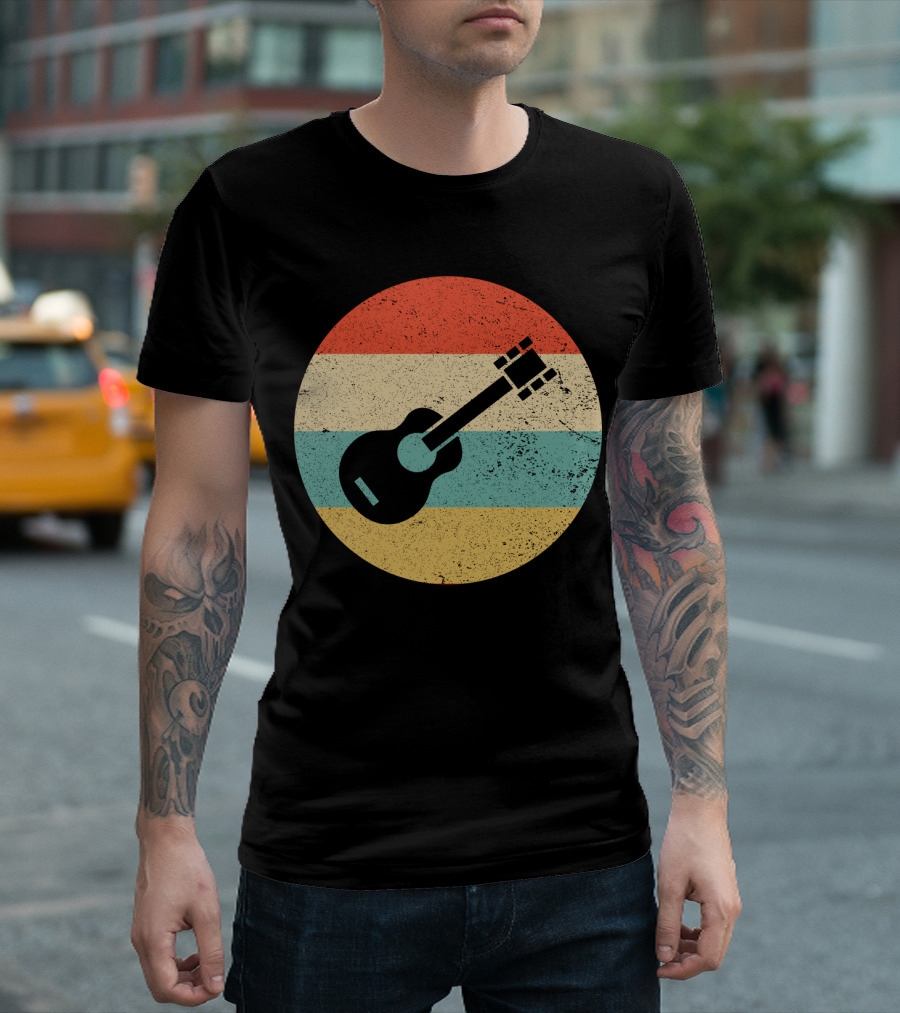 Vintage Retro Guitar Silhouette with Striped Circle T-Shirt