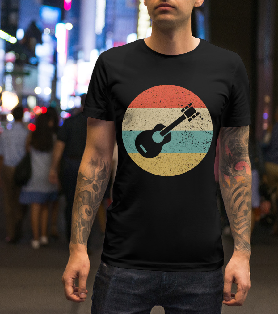 Vintage Retro Guitar Silhouette With Striped Circle T-Shirt