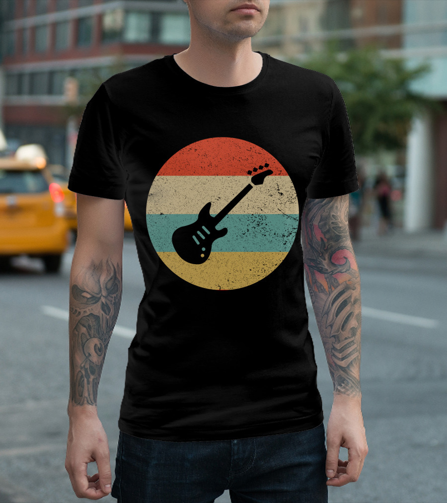 Vintage Retro Bass Guitar Silhouette Sunset Stripes T-Shirt
