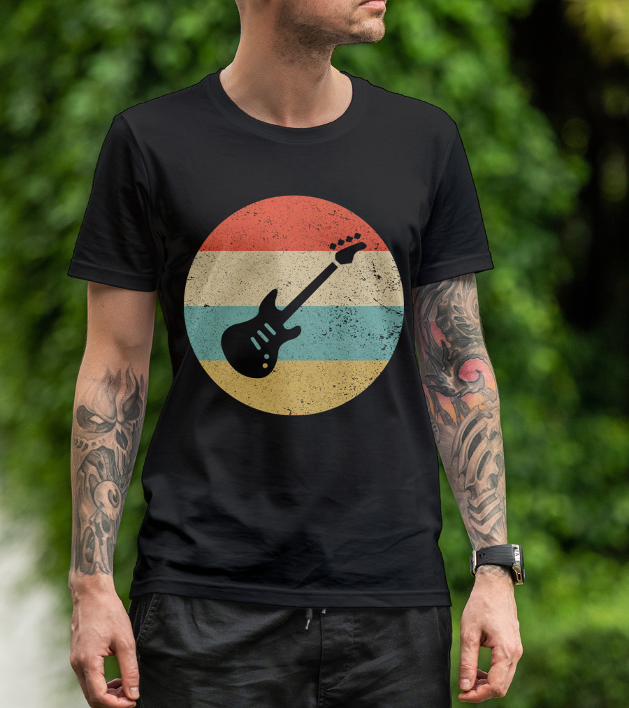 Vintage Retro Bass Guitar Silhouette Sunset Stripes T-Shirt