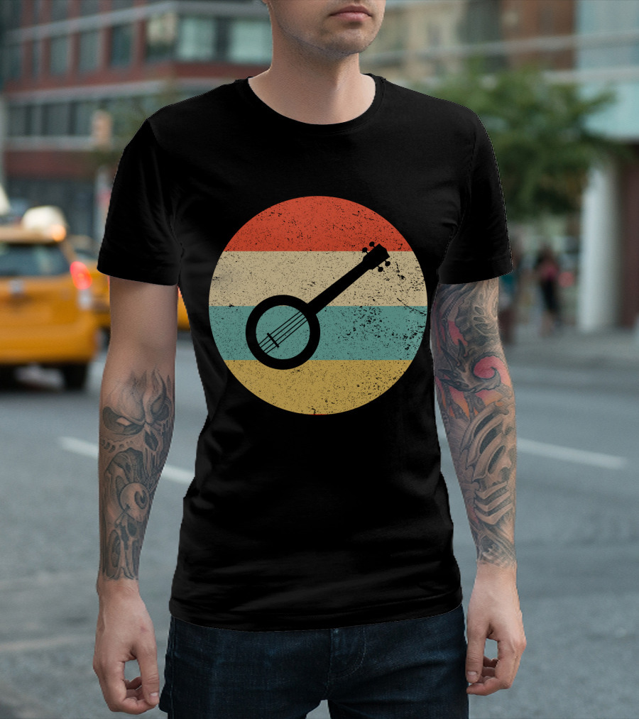 Retro Banjo Silhouette on Vintage Striped Circle T-Shirt
