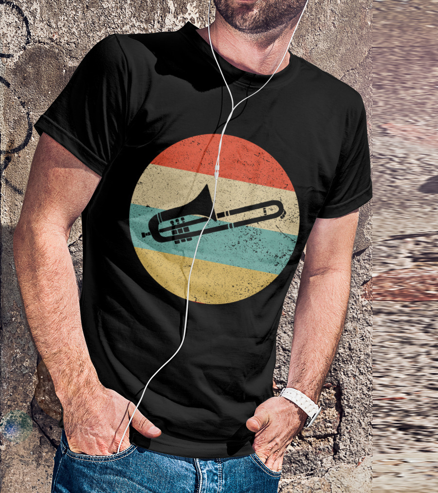 Vintage Retro Trombone Graphic On Striped Circle Background T-Shirt
