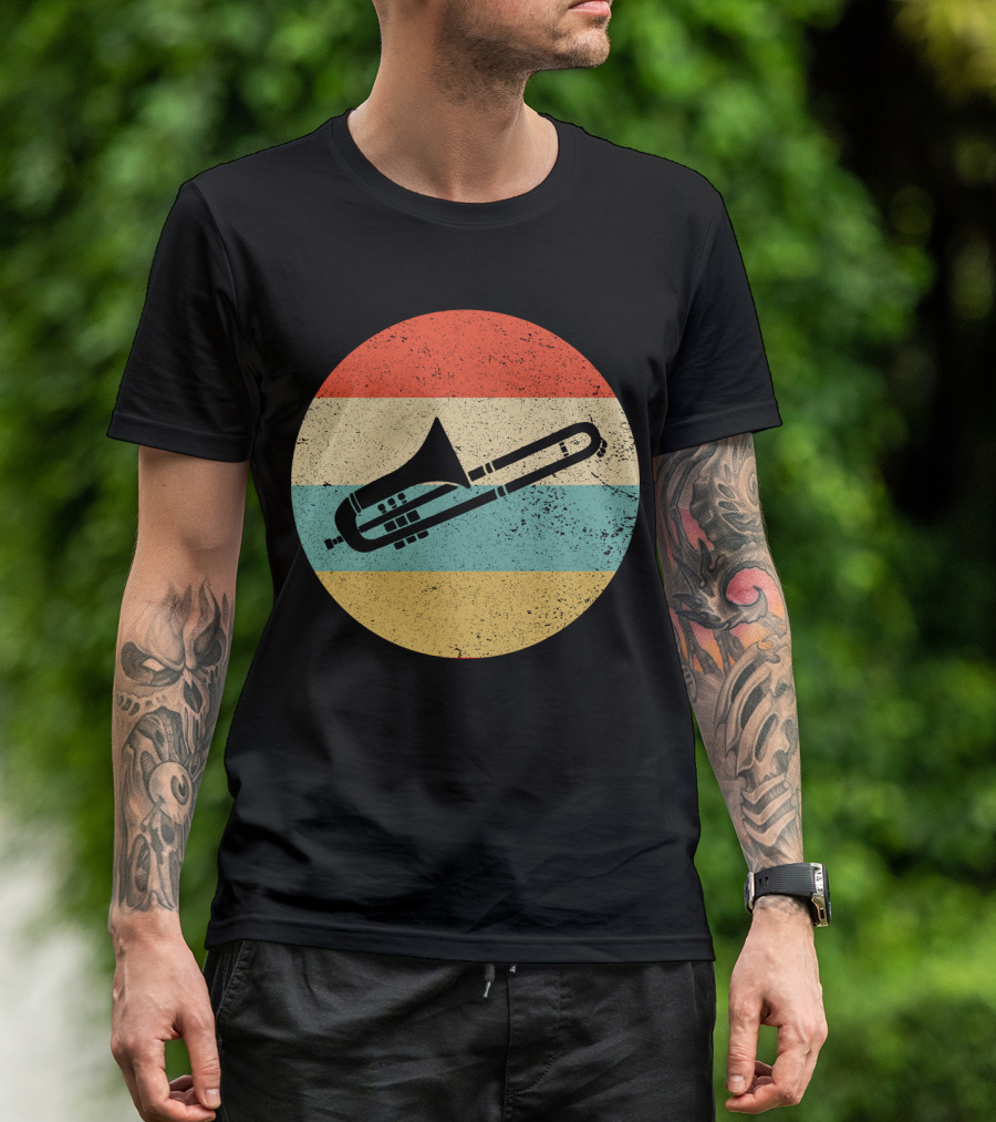 Vintage Retro Trombone Graphic On Striped Circle Background T-Shirt