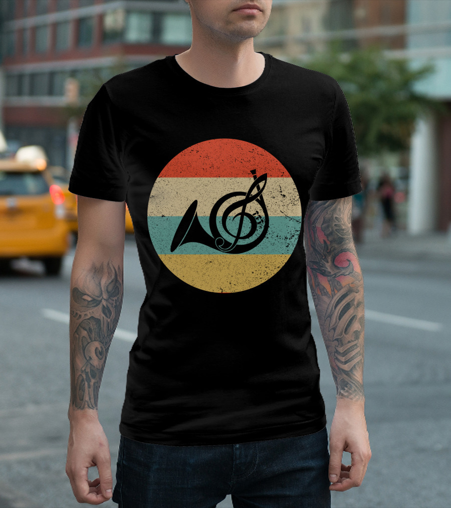Vintage Retro Treble Clef French Horn Circle T-Shirt