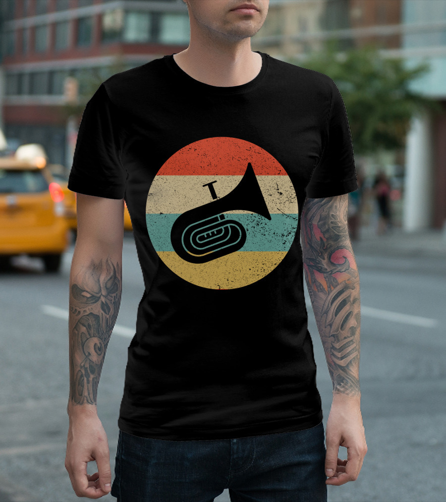 Vintage Retro Tuba Circle with Distressed Rainbow Stripes Background T-Shirt