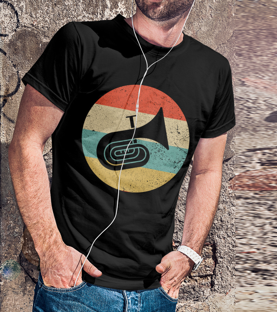 Vintage Retro Tuba Circle With Distressed Rainbow Stripes Background T-Shirt