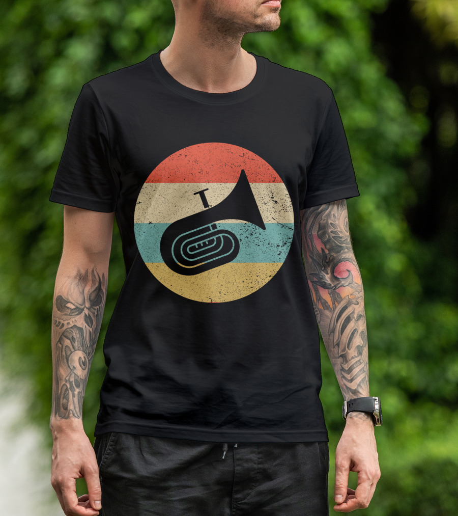 Vintage Retro Tuba Circle With Distressed Rainbow Stripes Background T-Shirt