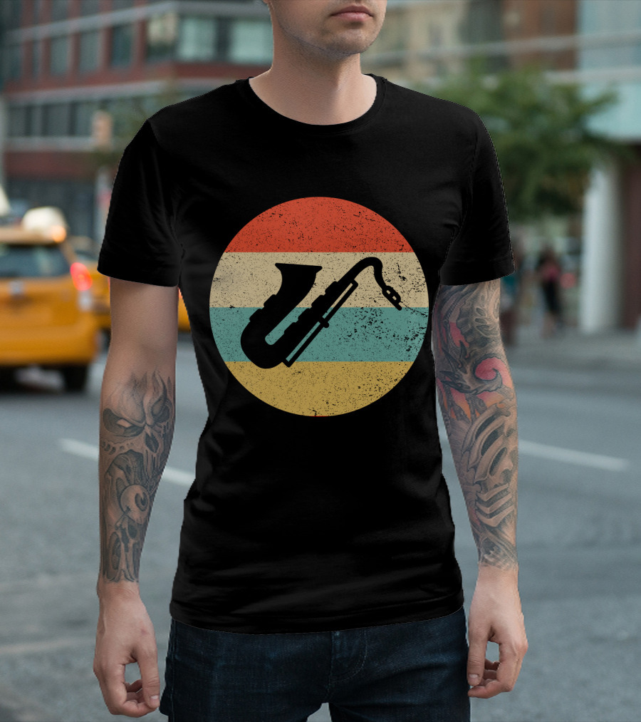 Retro Saxophone Circle Stripes Vintage T-Shirt