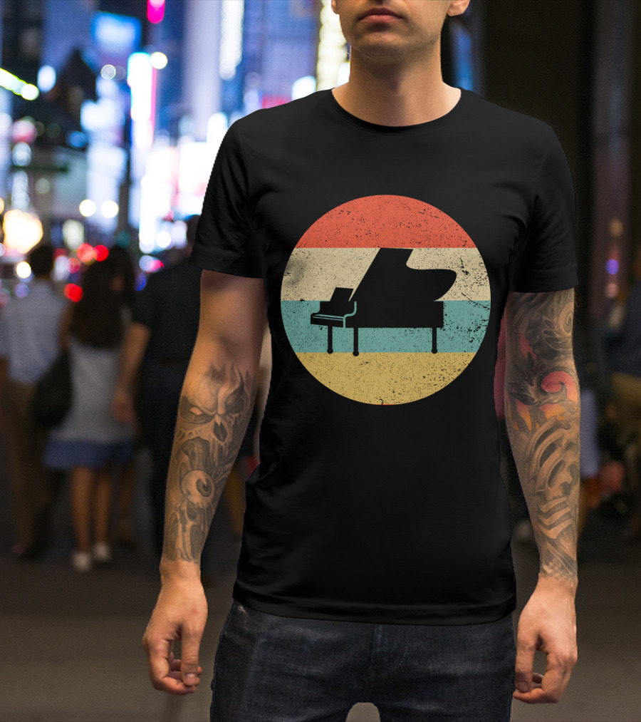 Vintage Retro Piano Silhouette With Stripes T-Shirt