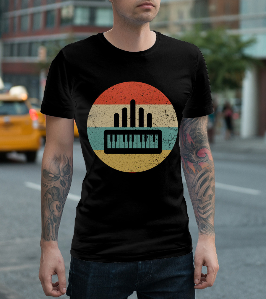 Vintage Retro Organ Keyboard with Striped Circle T-Shirt