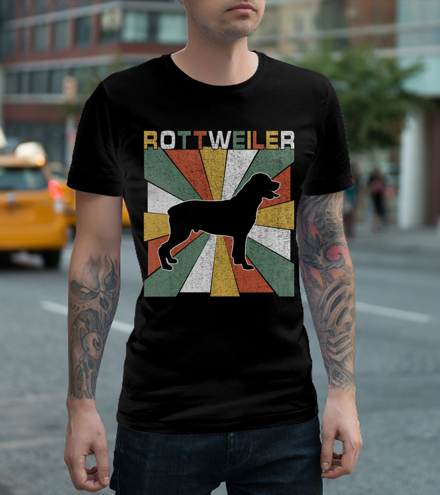 Rottweiler Dogs Retro 70s Vintage Silhouette Multicolor Stripes T-Shirt