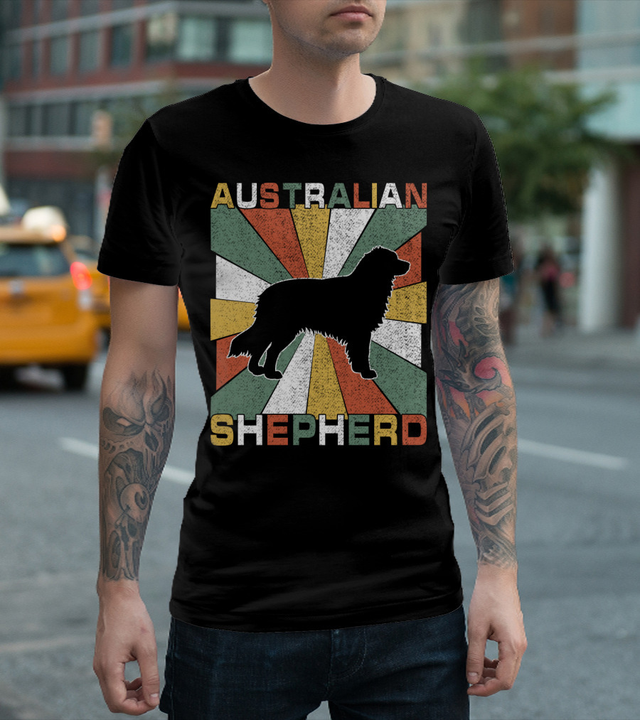 Australian Shepherd Dog Silhouette Retro 70s T-Shirt