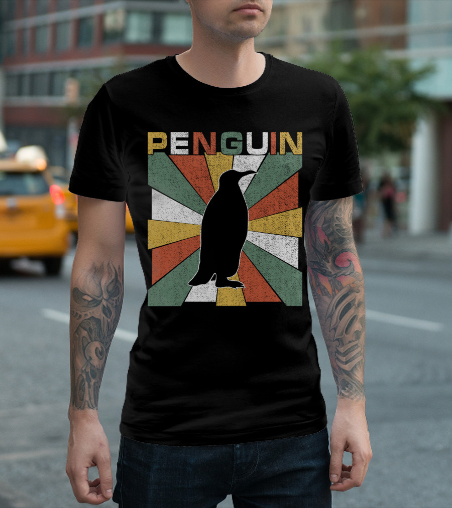Penguin 70s Silhouette Vintage Retro Sunburst T-Shirt
