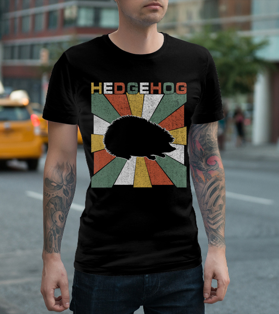 Hedgehog Retro 70s Silhouette Vintage Stripe Burst T-Shirt