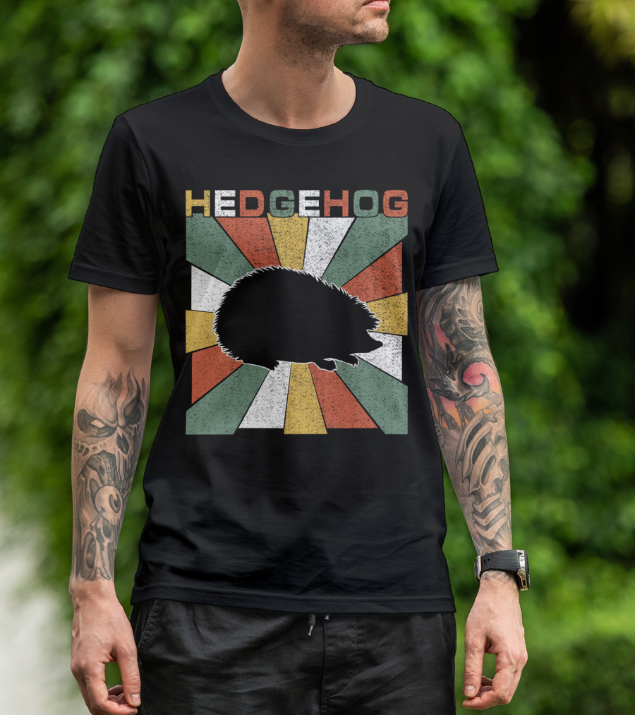 Hedgehog Retro 70s Silhouette Vintage Stripe Burst T-Shirt