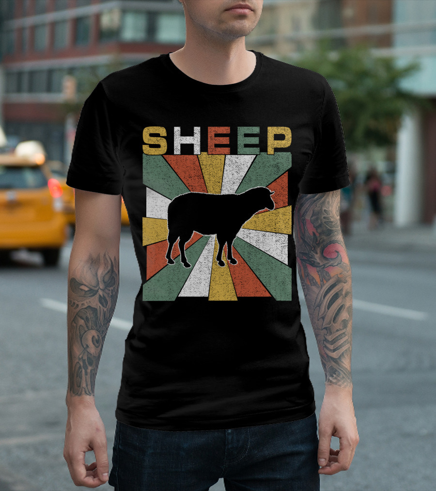 Sheep Retro 70s Vintage Silhouette Sunburst T-Shirt