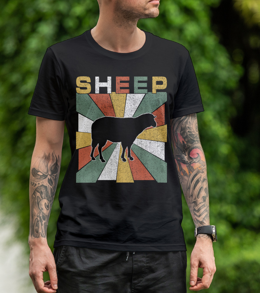 Sheep Retro 70s Vintage Silhouette Sunburst T-Shirt